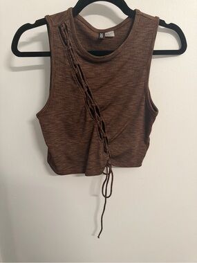 Brown Lace-Up Ribbed Crop Tank Top